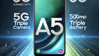 Samsung Galaxy A15 5G smartphone showcasing its sleek design with a 50MP triple camera, 6.5-inch AMOLED display, and 5G connectivity