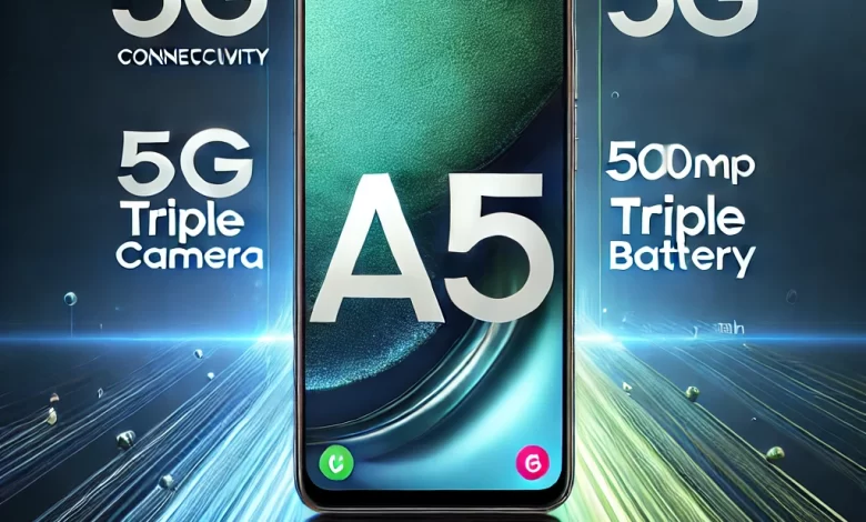 Samsung Galaxy A15 5G smartphone showcasing its sleek design with a 50MP triple camera, 6.5-inch AMOLED display, and 5G connectivity