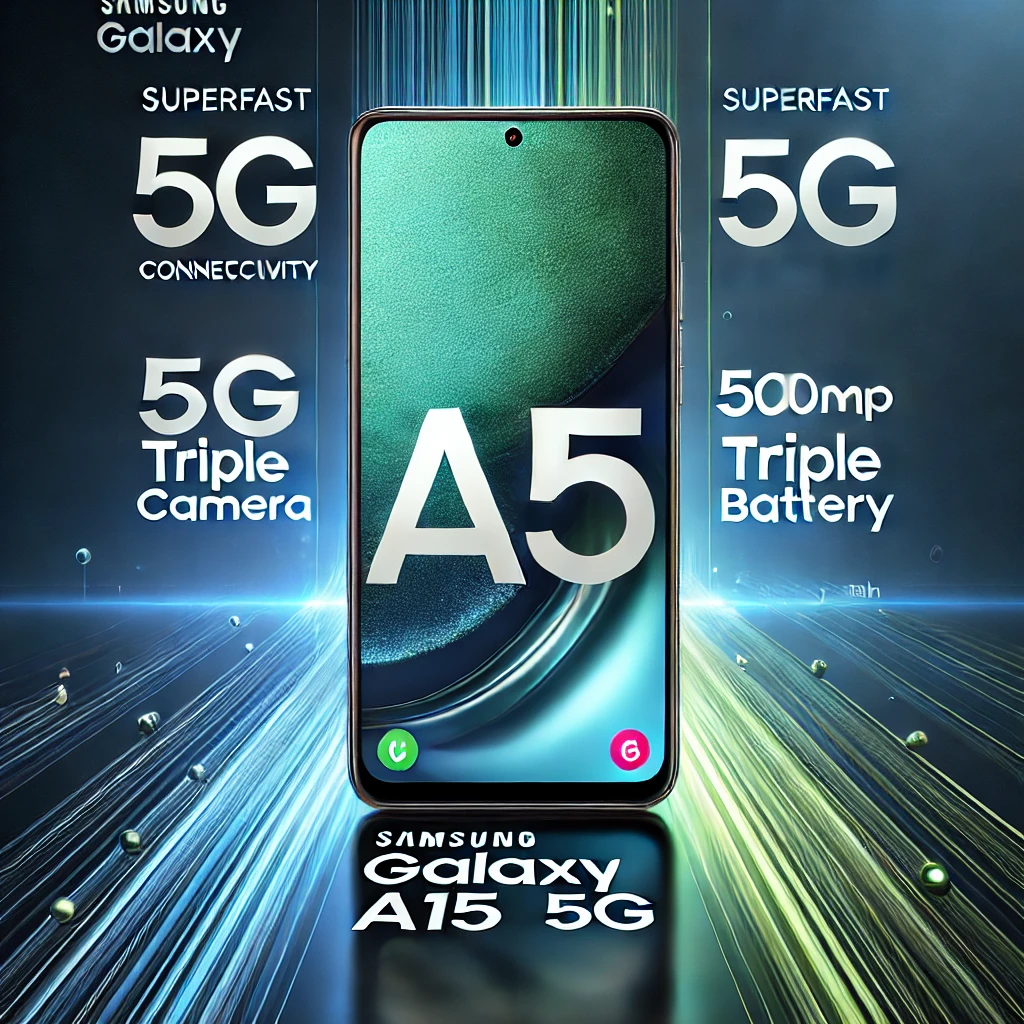 Samsung Galaxy A15 5G smartphone showcasing its sleek design with a 50MP triple camera, 6.5-inch AMOLED display, and 5G connectivity