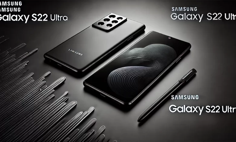 Samsung S22 Ultra, Samsung Galaxy S22 Ultra in black, showcasing its sleek design, quad-camera setup, and built-in S Pen, with a minimalist background highlighting its premium features.