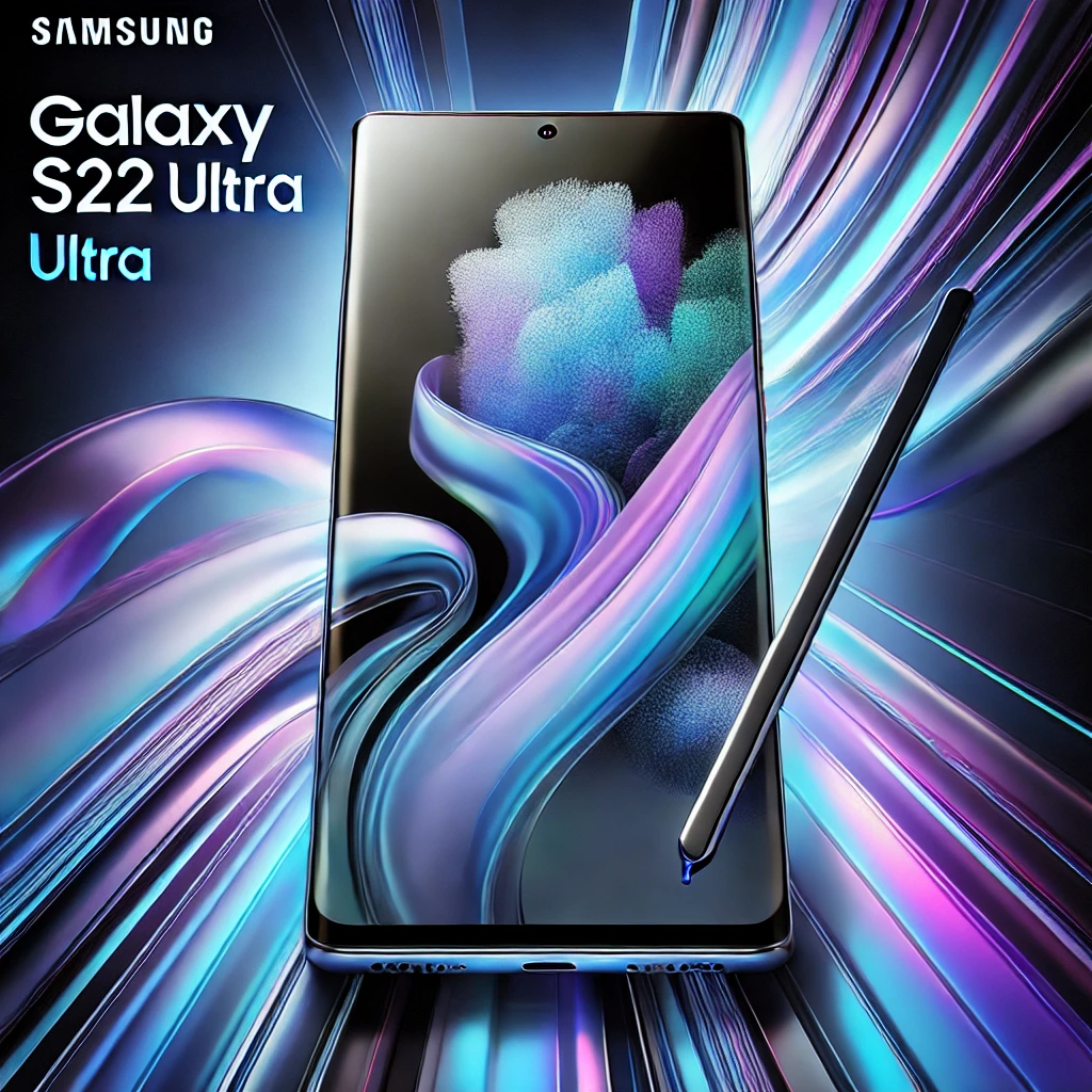  A sleek Samsung Galaxy S22 Ultra smartphone featuring curved edges, a quad-camera setup, and the S Pen stylus, showcased against a dynamic neon gradient background in blue and purple tones